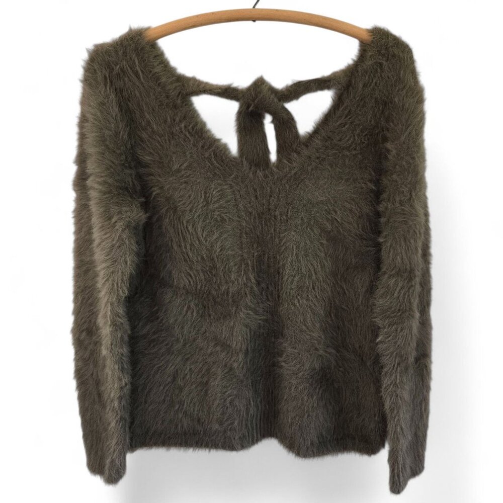 Banana Republic Eyelash Fuzzy Sweater Wool Blend V-Neck Tie Back Medium